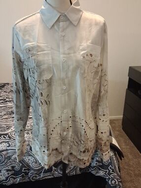 Eyelet Cutout Button-Up Shirt in Light Beige